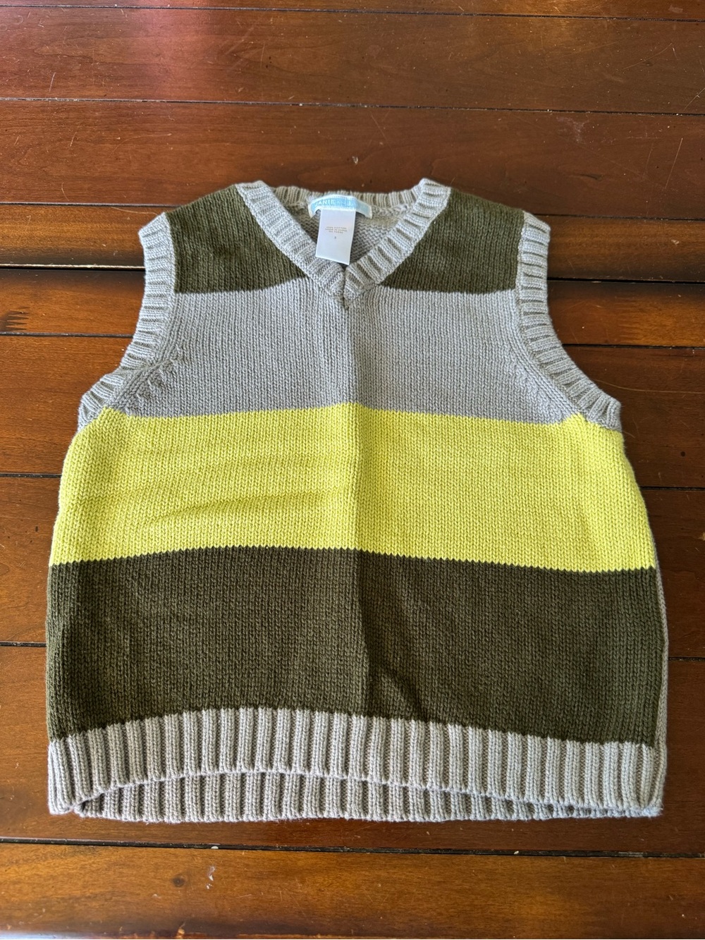 Janie & Jack Cotton Striped V-Neck Knit Vest in Olive, Gray & Yellow